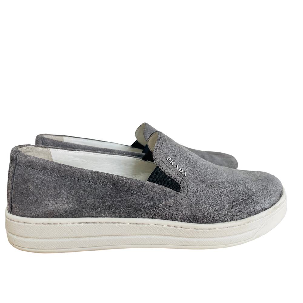 Prada Gray Suede Slip On Sneakers Womens 7 Leather Lined - Picture 4 of 15